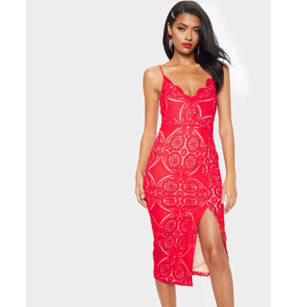 Pretty Little Thing Lace Scalloped Bodycon Midi Dress Red Sz 4